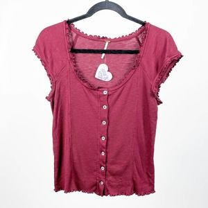 Free People Red Button-Up Ruffle Hem Lettuce Trim Top Blouse Shirt Boho